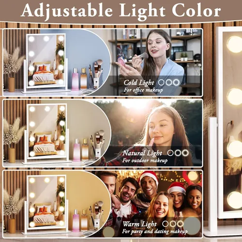 Vista 2 de Dirket Espejo de tocador con luces, espejo de maquillaje iluminado estilo Hollywood con 9 bombillas regulables y 3 modos de iluminación