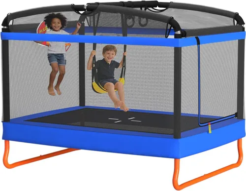 LANGXUN Trampolín rectangular de 6 pies para niños, trampolín 5 en 1, aprobado por ASTM para interiores y exteriores, mini trampolín con red de Azul