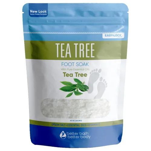 Remoja para pies de árbol de té, 32 onzas (2 libras) de sal de Epsom de grado USP con aceite esencial de árbol de té natural más vitamina C en bolsa