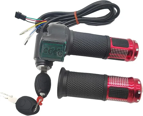Vista 5 de Electric Bike Throttle Grip, Universal Electric Bicycle Scooter Twist Throttle Accelerator Red Grips with LED Display and Lgnition Switch