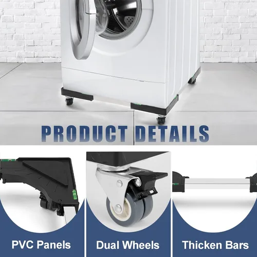 Vista 4 de Mini soporte de nevera ajustable para muebles Dolly Heavy Duty Lavadora, Rodillo móvil con 4 ruedas giratorias de bloqueo, base móvil universal