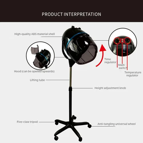 Vista 5 de Estilo uno, secador de pelo negro de pie, con capucha ajustable, con ruedas, equipo profesional de salón para belleza y secado de cabello en el hogar