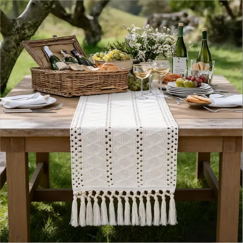 Vista 5 de Socomi Camino de mesa bohemio para Pascua, primavera, granja, rústico, comedor, cocina, centro de mesa, decoración pequeña de macramé, algodón