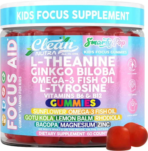 Clean Nutra Kids Focus - Gomitas con L-teanina, ginkgo biloba, aceite de pescado omega-3, L-tirosina, vitamina B6, B12-60 unidades, etiqueta limpia,