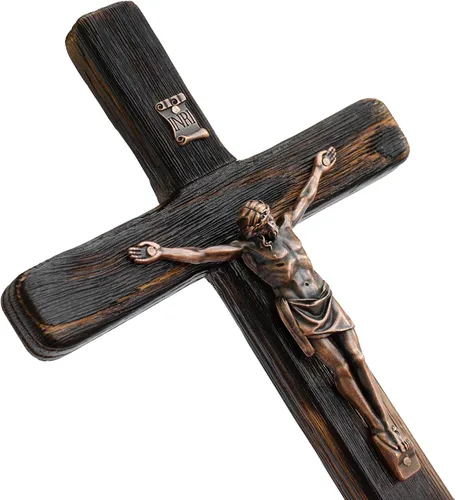Vista 3 de Asterom Rustic Crucifix Wall Cross - Handmade Wooden Catholic Crucifix Unique Charred Oak Technique - 12 Inch