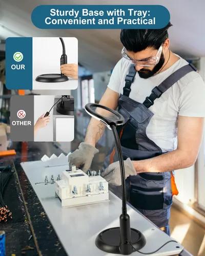 Vista 2 de Lupa de 10X con luz y soporte, LED con 5 modos de color, lupa iluminada con atenuación sin escalones de brillo, manos libres con lámpara