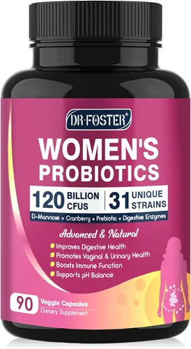 DRFOSTER Probióticos para mujeres Salud digestiva, probióticos vaginales 120 mil millones de UFC, 31 cepas con enzimas digestivas y prebióticos y D