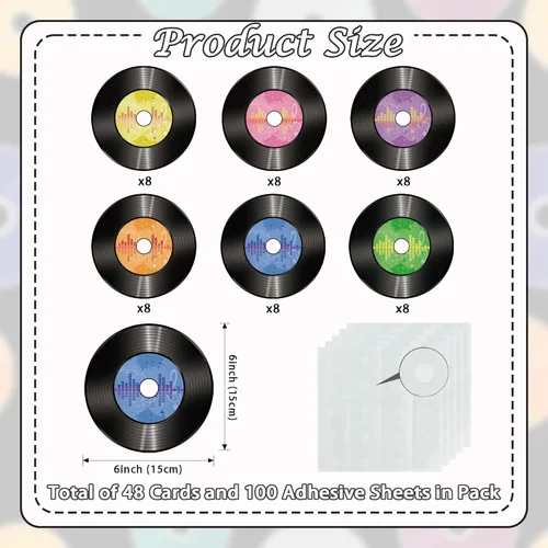 Vista 2 de Vuzvuv 48 piezas de recortes de papel de discos de los años 70, 80 y 90 con 100 puntos de pegamento, recortes de discos para decorar tablones