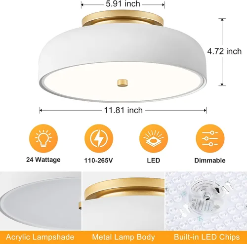 Vista 4 de Lámpara de Techo LED Regulable, 2700K-6000K 5CCT Moderna de Mediados de Siglo Montaje Semi Empotrado de Techo, Lámpara de Techo Blanca Cerca