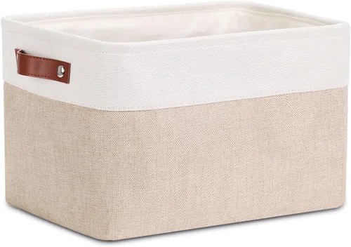 Vista 18 de DULLEMELO Cesta de almacenamiento pequeña para estantes, pequeña cesta plegable de tela rectangular para estantes, armarios, guardería, hogar, Beige