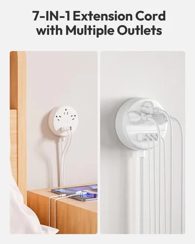 Vista 3 de NTONPOWER Cable de extensión plano de 15 pies, regleta de alimentación de enchufe plano ultrafino con 4 puertos USB, 3 tomas, montaje en pared