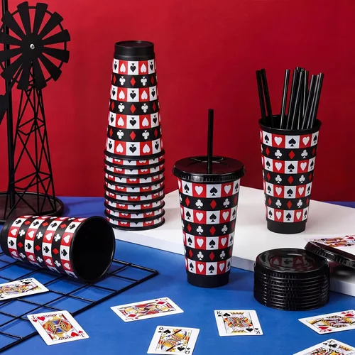 FoldTier Paquete de 12 vasos de regalo de casino para fiestas temáticas de casino, suministros de decoración de cumpleaños, vasos de póquer de