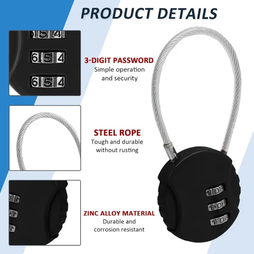 Vista 5 de Litoexpe Cerradura de combinación de 4 unidades, 3 dígitos para exteriores, impermeable, con código, candado, candado, cable de bloqueo para Negro
