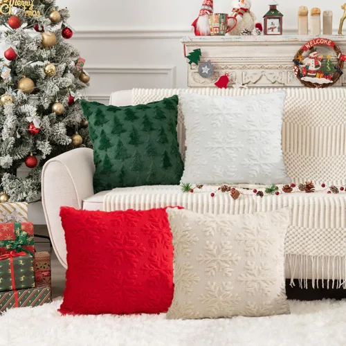 Vista 6 de Juego de 2 fundas de almohada decorativas de copos de nieve de Navidad, 18 x 18 pulgadas, funda de cojín cuadrada de terciopelo de invierno