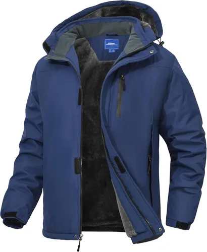 Vista 17 de Chaqueta de esquí para hombre, impermeable, con forro de vellón, abrigo de nieve cálido, cortavientos, con capucha, para el invierno