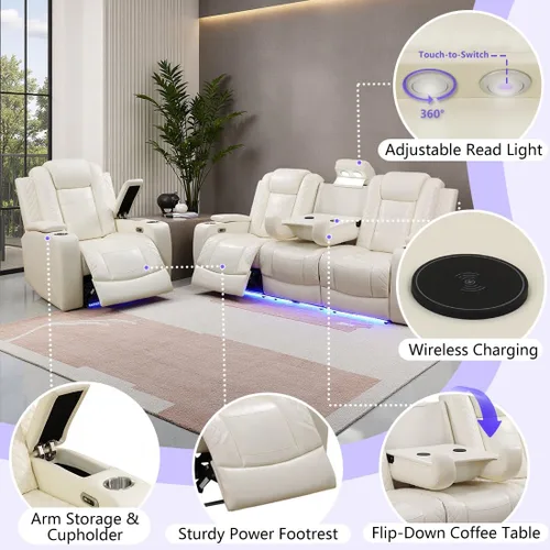 Vista 5 de Juego de sofá reclinable eléctrico de cuero con LED, juegos de muebles de sala de estar, 2 piezas sofás reclinables, juego de sofá reclinable