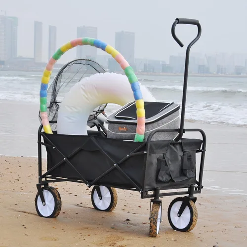 Vista 6 de Carro de lona con ruedas plegable, plegable, plegable, resistente, todo terreno, para exteriores, campamento, playa, jardín, comestibles (negro)