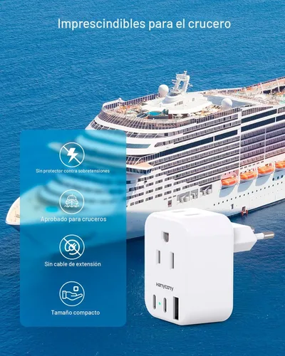Vista 5 de HANYCONY - Adaptador de enchufe de viaje europeo para internacional, adaptador de corriente HANYCONY Italia España, 2 tomacorrientes, 2 puertos USB