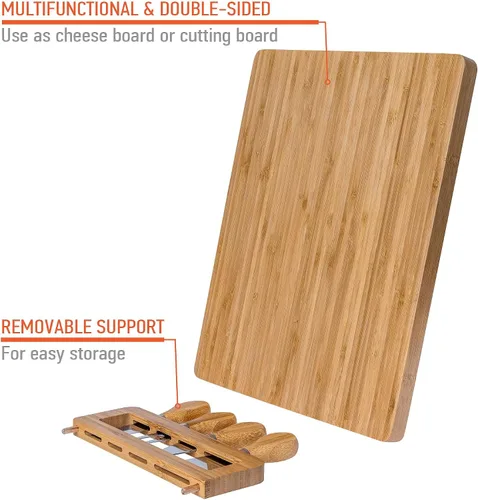 Vista 7 de Juego de tabla de queso de bambú y cuchillos de 14 x 11 pulgadas – Tabla de cortar queso de madera, bandeja de servir, juego de tabla de embutidos