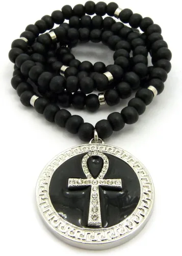 Vista 2 de Pave Ronda de Ankh egipcio colgante 8mm 36" Wooden Bead Collar Plata Tono Negro