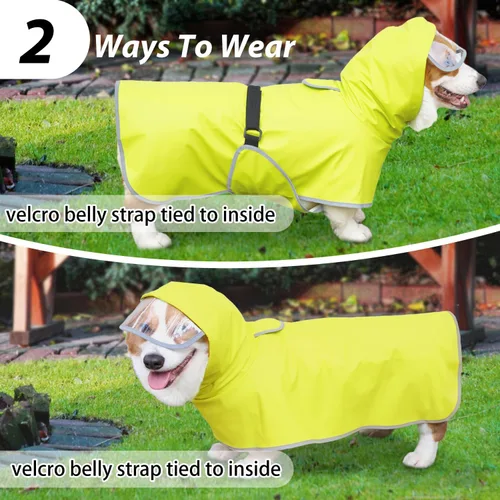 Vista 3 de Impermeable para perros con capucha, poncho deslizante – Chaqueta impermeable reflectante ligera para mascotas, impermeable con correa ajustable
