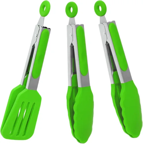 Vista 8 de Juego de 3 pinzas de silicona para servir, pequeñas pinzas de cocina (7 pulgadas) con puntas de silicona y mango de acero inoxidable, pinzas