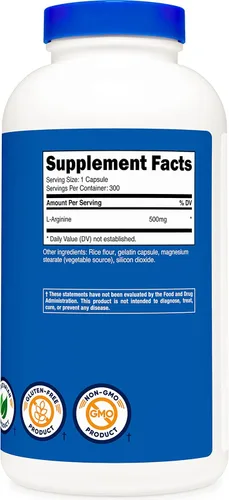 Vista 5 de Nutricost L-Arginina 500mg, 300 Cápsulas - Sin Gluten y Sin OGM
