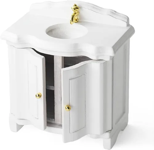 Odoria Mueble para fregadero de casa de muñecas en miniatura: tocador a escala 1/12 con lavabo para inodoro de baño - Mini muebles vintage con