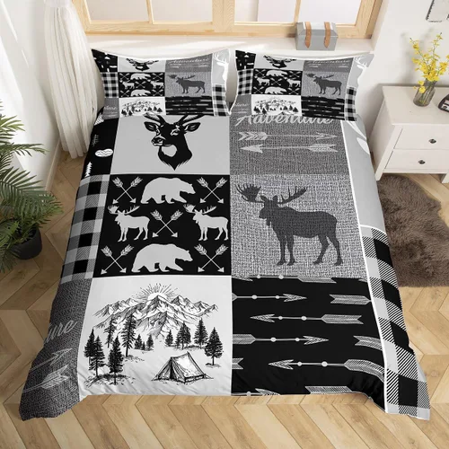 Vista 3 de Funda de edredón de ciervos de caza para niños, juego de ropa de cama rústica para cámper, juego de cama de retazos de aventura a cuadros, funda