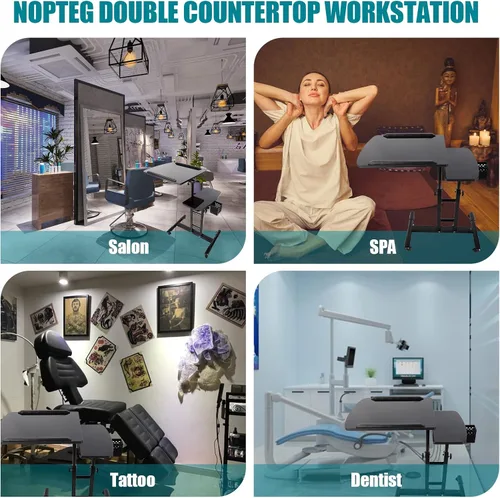 Vista 5 de Estación de trabajo de tatuajes - Bandeja de salón móvil grande de encimeras dobles, soporte de servicio de color de cabello de altura ajustable