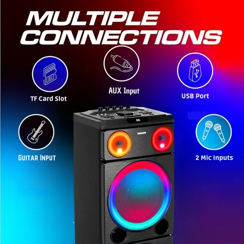 Vista 5 de Philips Altavoz Bluetooth para fiestas, sonido potente de 260 W con refuerzo dinámico de bajos, 10 modos de luz RGB, entradas de micrófono