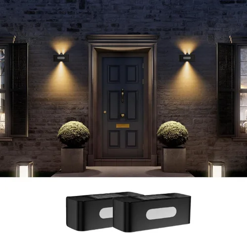 Paquete de 2 luces solares para valla, luces solares de pared impermeables para exteriores, iluminación de arriba y abajo para exteriores, jardín,