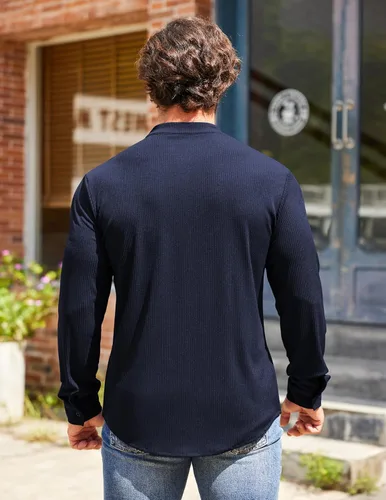 Vista 4 de COOFANDY Mens Ribbed Knit Button Down Shirt Casual Long Sleeve Stretch Dress Shirts