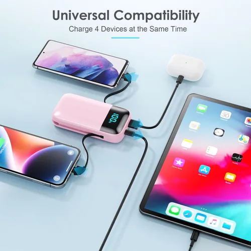 Vista 2 de Cargador portátil con cables integrados, batería ultracompacta de 13800 mAh PD de carga rápida USB C, pantalla LCD de 4 salidas, compatible