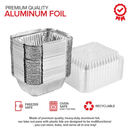 Vista 2 de Stock Your Home Sartenes pequeños de aluminio de 1 libra con tapas de plástico transparente (paquete de 100), utensilios de cocina desechables