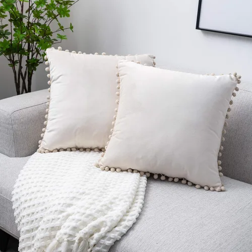 Vista 9 de Juego de 2 fundas para cojines decorativos de terciopelo sólido suave con borde de pompones