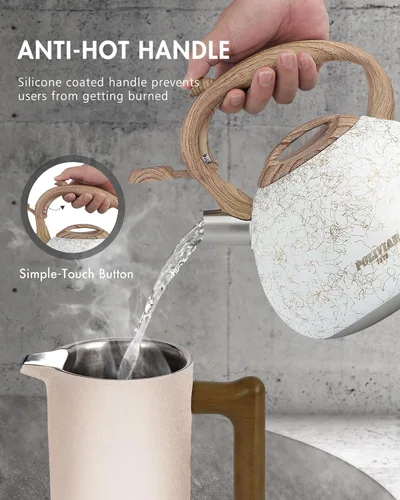 Vista 35 de POLIVIAR Hervidor de té, 2.7 cuartos de galón con acabado azul y mango de madera con silbato fuerte, tetera de acero inoxidable de grado