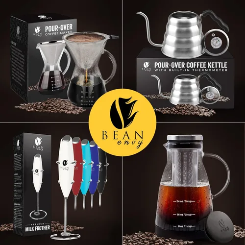 Vista 9 de Bean Envy Hervidor de café vertido – 40 onzas, acero inoxidable, cuello de cisne, cafetera y tetera con termómetro y mango ergonómico