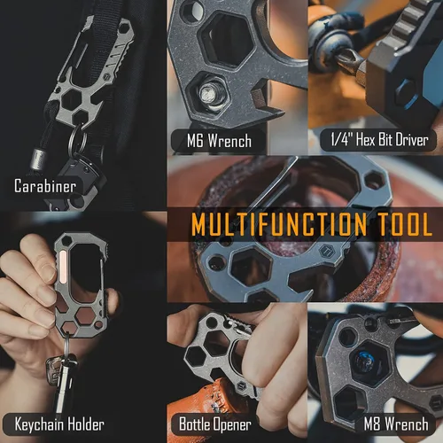 Vista 3 de KeyUnity KU01 Llavero de titanio con mosquetón multiherramienta, soporte para llaves de mosquetón, llaves de tornillo, soporte para brocas