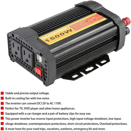 Vista 4 de Qiilu Inversor de corriente para automóvil de 1500 W, 12 V CC a 110 V CA, 1500 W, compatible con automóvil, negro, 1 paquete