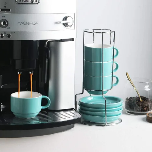 Vista 3 de Sweejar - Tazas de café de porcelana con platillos, tazas de capuchino apilables de 4 onzas con soporte de metal para bebidas de café, café