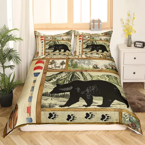 Vista 29 de Funda de edredón rústica tamaño Queen, juego de ropa de cama retro para cabaña de cabaña, oso de caza, ciervo, hojas de arce, funda de edredón