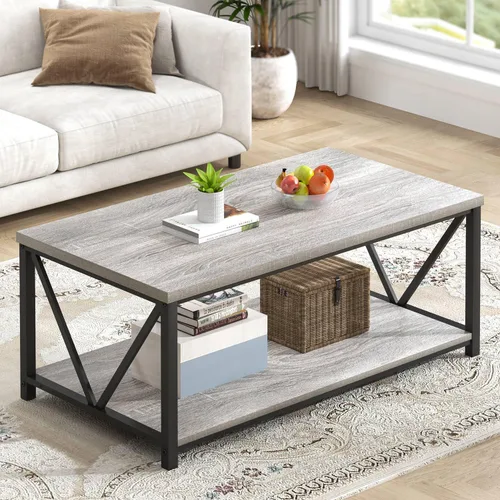 Vista 12 de FOLUBAN Mesa de centro moderna, mesa central de madera y metal con almacenamiento, mesa de cóctel industrial para sala de estar, nogal rústico, 47