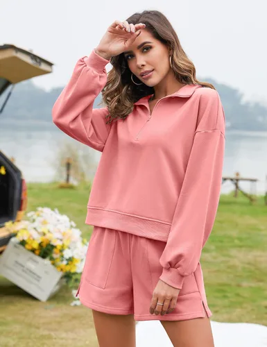 Vista 2 de Flygo Conjunto de 2 piezas de algodón para mujer, sudadera con media cremallera y pantalones cortos de cintura alta