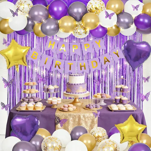 Vista 12 de Decoraciones de cumpleaños negras y doradas con pancarta de feliz cumpleaños, cortinas, botella, corona, globos de estrella de corazón y luz LED