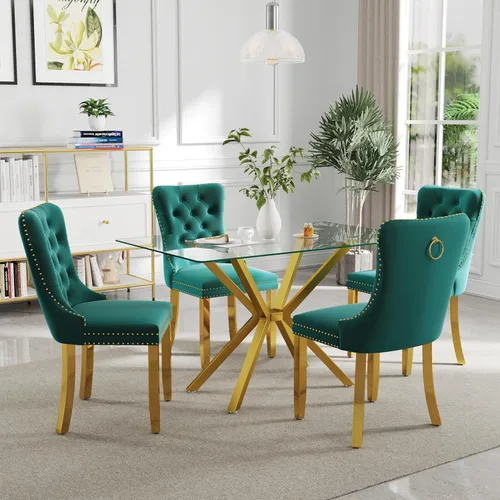 Vista 8 de Juego de comedor moderno de cristal de lujo de 5 piezas, juego de comedor rectangular minimalista para 4, juego de mesa de cocina de vidrio