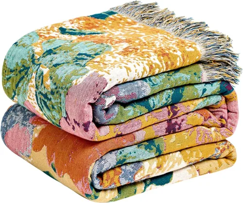 Vista 39 de Cobija para cama de estilo bohemio, 100 % algodón, ultra suave, edredón rústico, cobija de otoño, estampado floral, decoración de granja, cobija