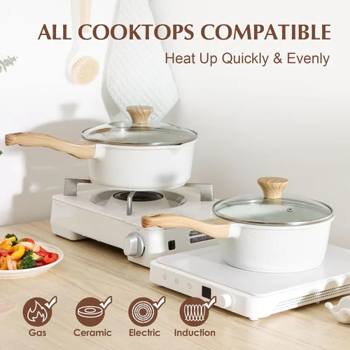 Vista 3 de SENSARTE Cacerola antiadherente de cerámica blanca con tapa de 1.5 cuartos de galón, olla pequeña con mango Stay Cool, cacerola compatible