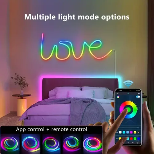 Vista 6 de Tira de luces LED de neón USB de 9.8 pies, tira de luces LED RGB IC inteligentes para dormitorio, tira de luz de neón LED de sincronización