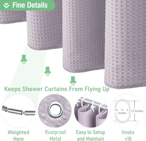 Vista 596 de Cortina de ducha de tela Dynamene verde oscuro - Cortinas de baño de tela de nido de abeja texturizadas resistentes, juego de cortinas de baño
